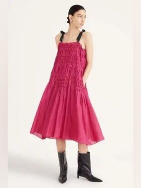 MERLETTE Mabel Smocked Midi Dress with Black Tie Straps $495 new with the tags